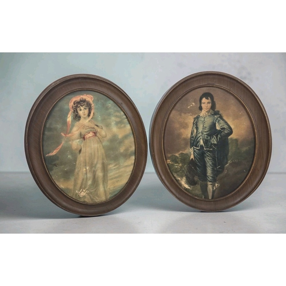 Vintage Pinkie & Blue Boy Lithographs in 17x14" Oval Frames Age Distressed VIDEO